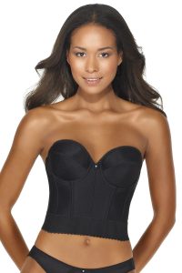 Woman wearing a black strapless longline bra, posing against a white background.