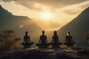 Women meditating at sunset on a mountain ledge.